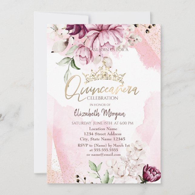 Invitación Rosas violetas de moda coronan quinceañera (Anverso)