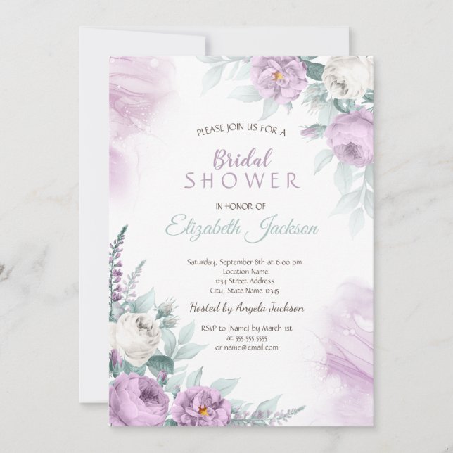 Invitación Rosas violetas Polka Dots Bridal Shower (Anverso)