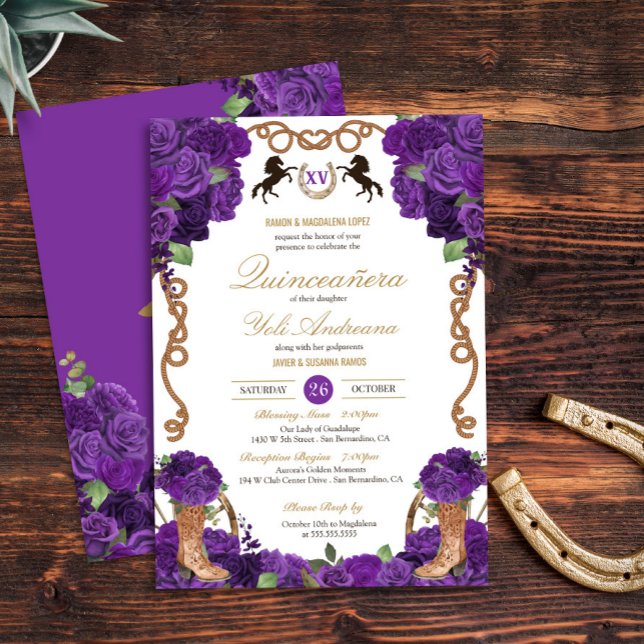 Invitación Rosas violetas púrpura Charro Occidental Quinceane (Subido por el creador)