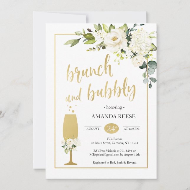 Invitación Rosas White & Gold Brunch & Bubbly Invitan (Anverso)