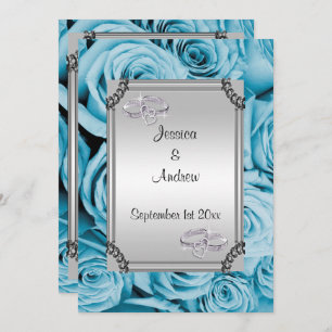 Invitación Rosas y anillos de bodas azules de diamante