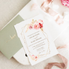 Invitación Rosas y Boda de marco dorado de pampas