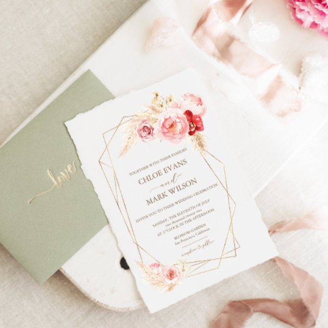 Invitación Rosas y Boda de marco dorado de pampas (Subido por el creador)