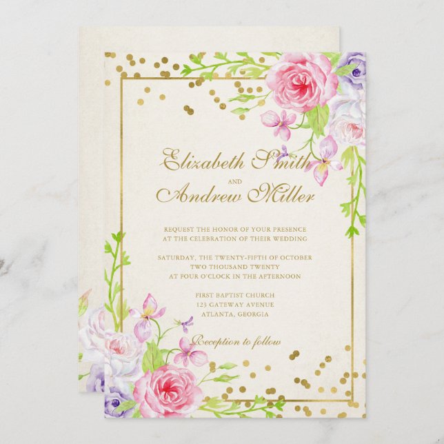 Invitación Rosas y Boda floral Gold Confetti (Anverso / Reverso)