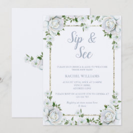 Invitación Rosas y borde floral con brillo de plata para Sip 