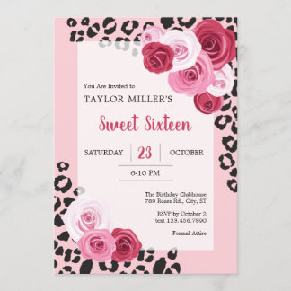 Invitación Rosas y dulces de impresión animal Dieciséis cumpl