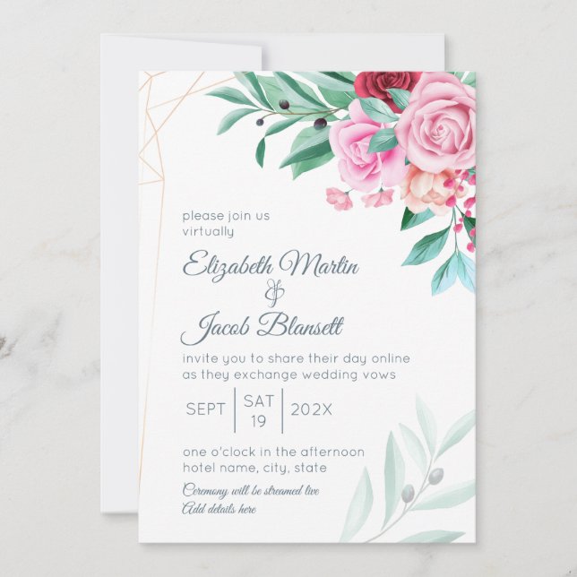 Invitación Rosas y eucalipto de Bodas florales modernos virtu (Anverso)