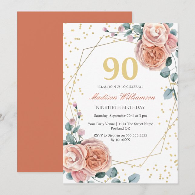 Invitación Rosas y Eucalyptus Floral 90th Birthday Party Invi (Anverso / Reverso)