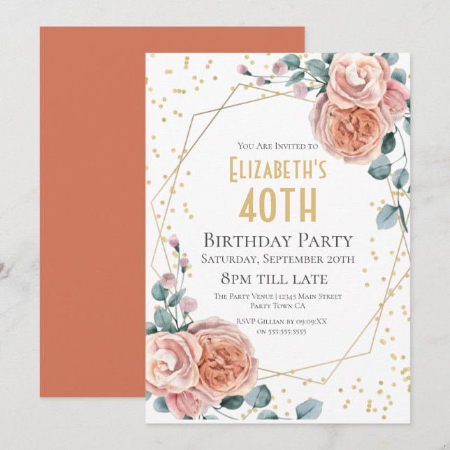 Invitación Rosas y Fiesta de Eucalyptus Floral 40 cumpleaños (Anverso / Reverso)