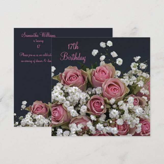 Invitación Rosas y Gypsophila Bouquet 17º cumpleaños (Anverso / Reverso)