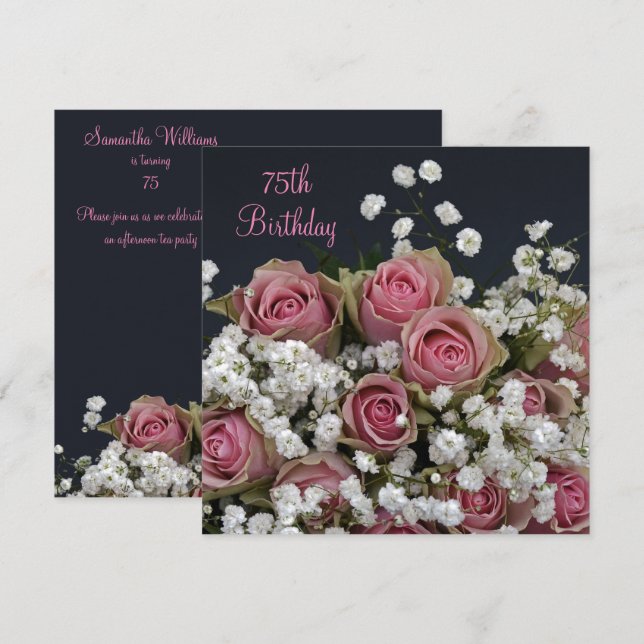 Invitación Rosas y gypsophila Bouquet 75º cumpleaños (Anverso / Reverso)