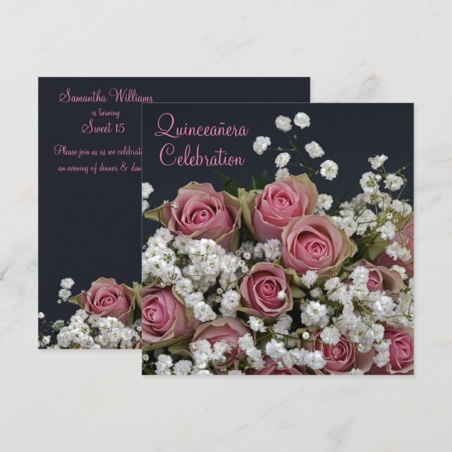 Invitación Rosas y gypsophila Bouquet Quinceañera (Anverso / Reverso)