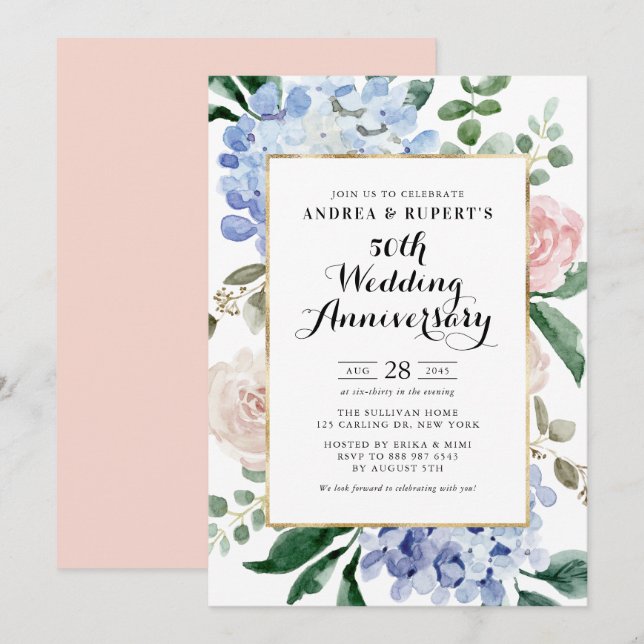 Invitación Rosas y Hydrangeas Azules 50 Aniversario Boda (Anverso / Reverso)