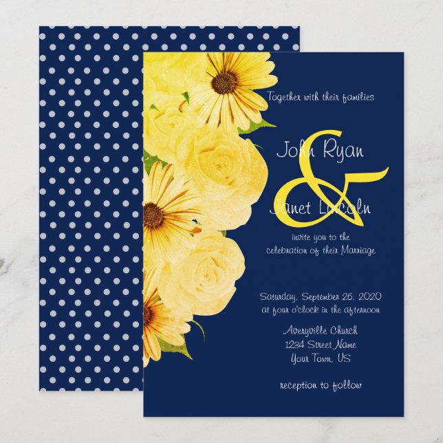 Invitación Rosas y mareas amarillas bodas sobre azul oscuro (Anverso / Reverso)