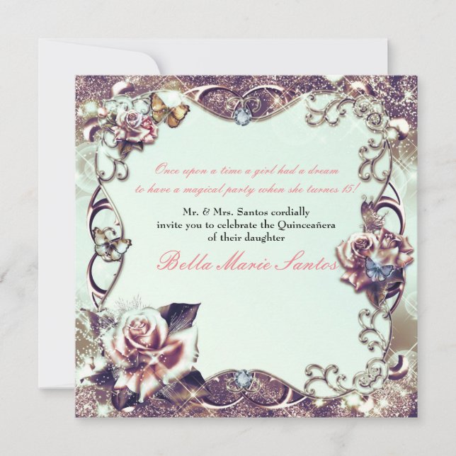 Invitación Rosas y mariposas Fiesta de Quinceañera Bronze (Anverso)