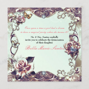 Invitación Rosas y mariposas fiesta de Quinceañera de bronce