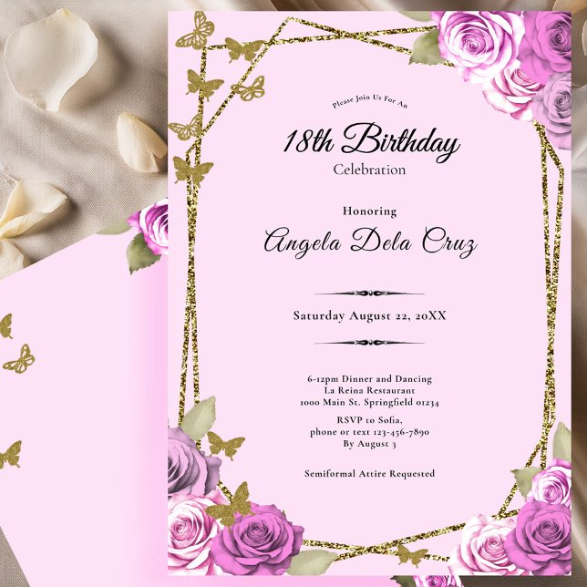 Invitación Rosas y Mariposas Rosa 18º Cumpleaños Debut (Subido por el creador)