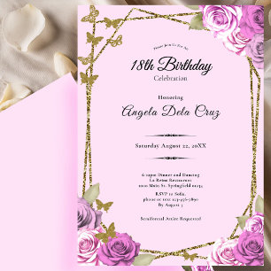 Invitación Rosas y Mariposas Rosa 18º Cumpleaños Debut