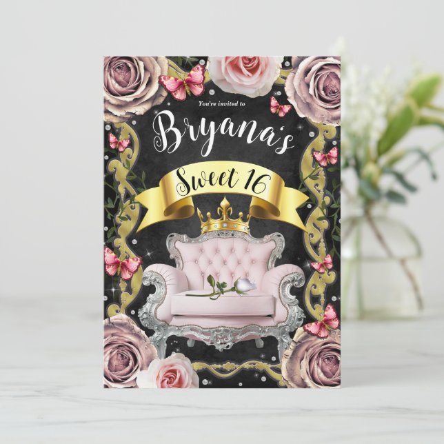 Invitación Rosas y mariposas rosadas para presidente Princesa (Anverso de pie)