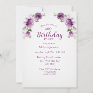 Invitación Rosas y Peonías Acuarela Fucsia Cumpleaños 40