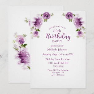 Invitación Rosas y Peonías Acuarela Fucsia Cumpleaños 60