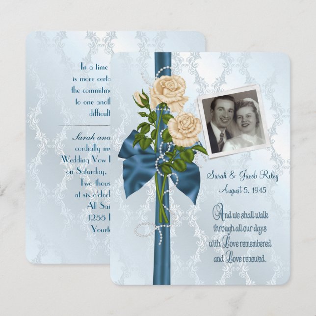 Invitación rosas y perlas con foto personalizar (Anverso / Reverso)