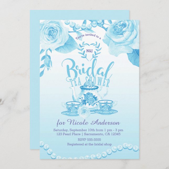 Invitación Rosas y Perlas Elegante Ducha de Té de Novias Azul (Anverso / Reverso)
