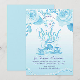 Invitación Rosas y Perlas Elegante Ducha de Té de Novias Azul