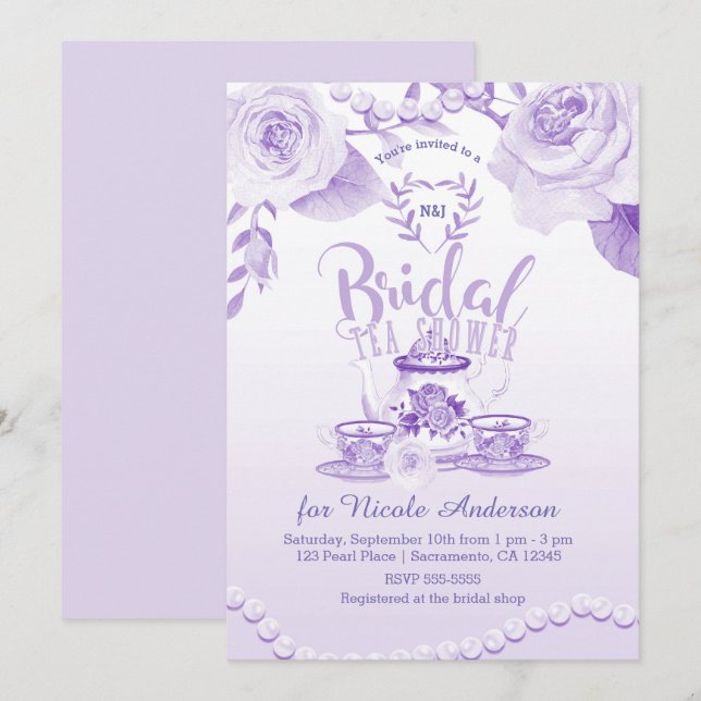 Invitación Rosas y Perlas Elegante Ducha de Té Morado Bridal (Anverso / Reverso)