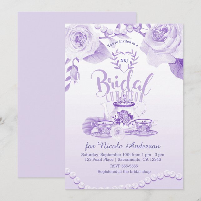 Invitación Rosas y Perlas Elegante Morado Bridal Luncheon Té (Anverso / Reverso)