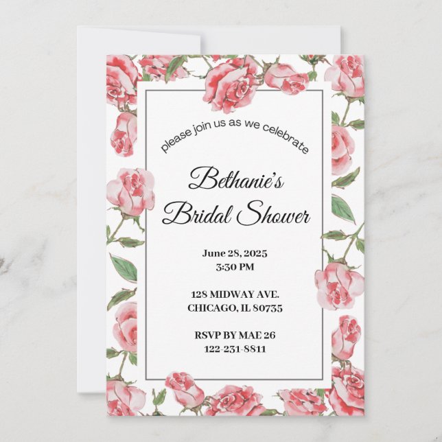 Invitación Rosas y romance: Celebración de la ducha de novias (Anverso)