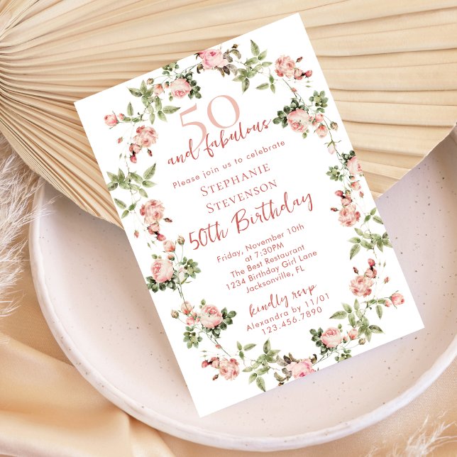 Invitación Rose 50 & Fabulous 50th Birthday Garden Tea Party (Subido por el creador)