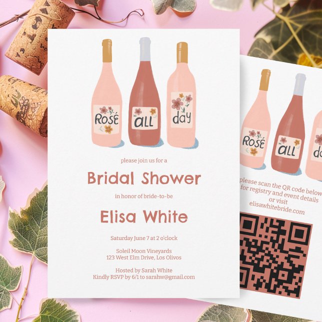 Invitación Rosé All Day Wine Bridal Shower Personalizado QR C (Rosé All Day Wine Bridal Shower Custom QR Code Invitation Bachelorette Winery Hen Party Birthday)