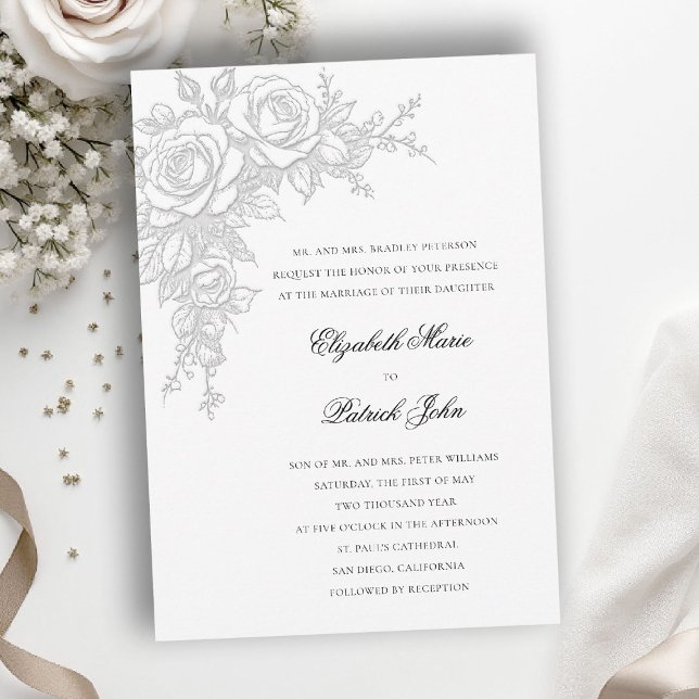 Invitación Rose Black White Timeless Formal Classic Wedding (black and white wedding invitation roses theme floral formal traditional modern classic luxury)