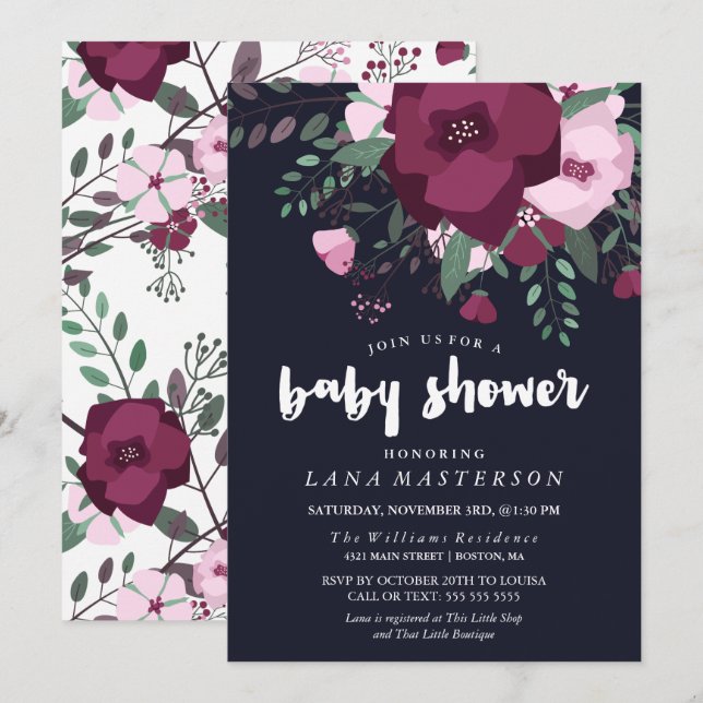 Invitación Rose Bouquet Dark Blue Baby Shower (Anverso / Reverso)