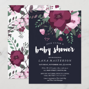 Invitación Rose Bouquet Dark Blue Baby Shower