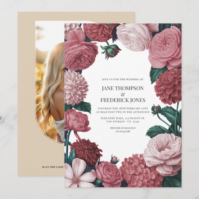 Invitación Rosé Clay, Terra Pink & Peony Smoke Floral Wedding (Anverso / Reverso)