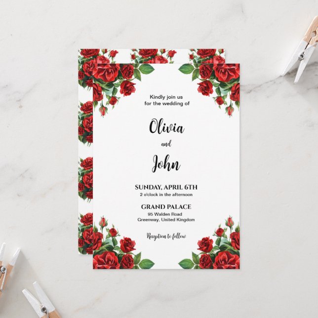 Invitación Rose Flower Wedding Invitation Template, Printable (Anverso/Reverso In Situ)