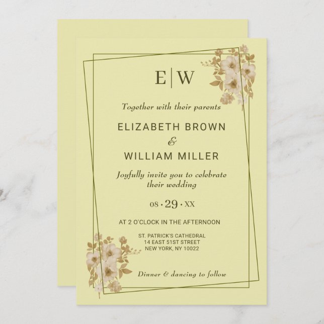 Invitación Rose Frame – Monogram Celestial Yellow Wedding (Anverso / Reverso)