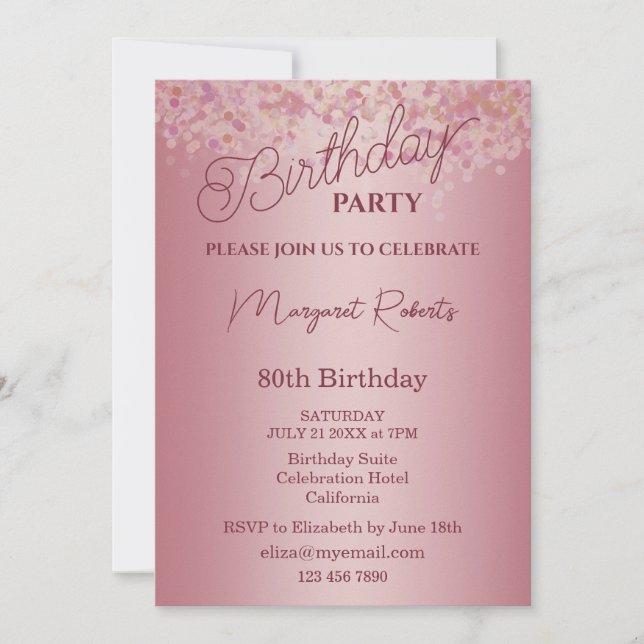 Invitación Rose Gold 80th Birthday Party  (Anverso)