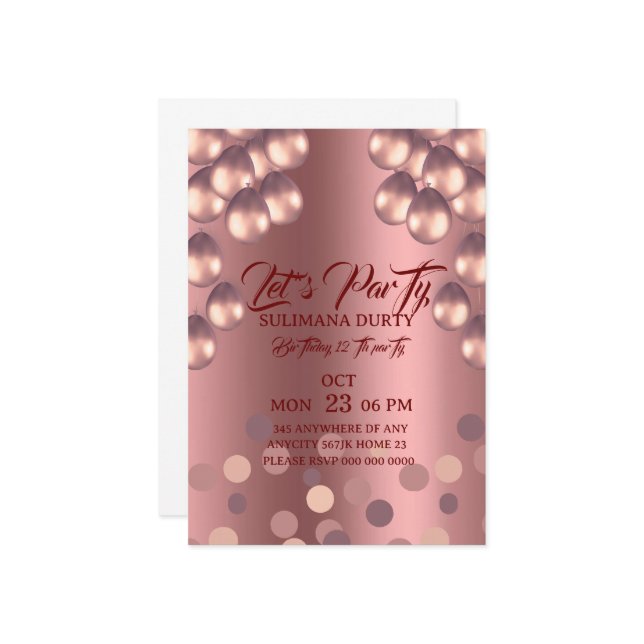 Invitación Rose Gold Birthday Invitation Template: Let's Part (Anverso/Reverso In Situ)