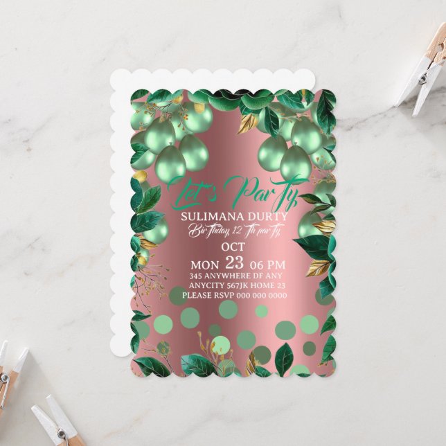 Invitación Rose Gold Birthday Invitation Template: Let's Part (Anverso/Reverso In Situ)