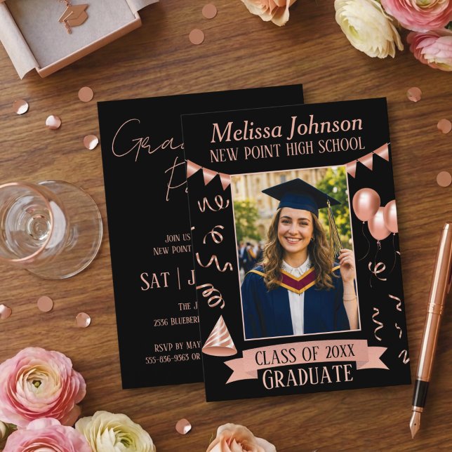 Invitación Rose Gold & Black Grad Party Photo Invitation (Subido por el creador)