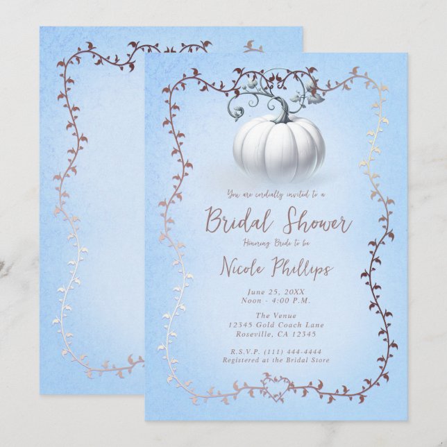 Invitación Rose Gold Blue Storybook White Pumpkin Boda  (Anverso / Reverso)