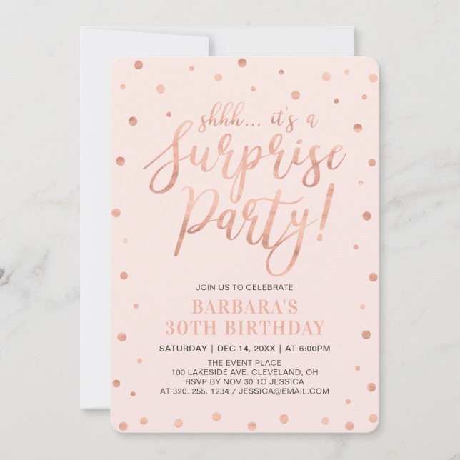 Invitación Rose Gold & Blush | Fiesta de Cumpleaños Sorpresa  (Anverso)