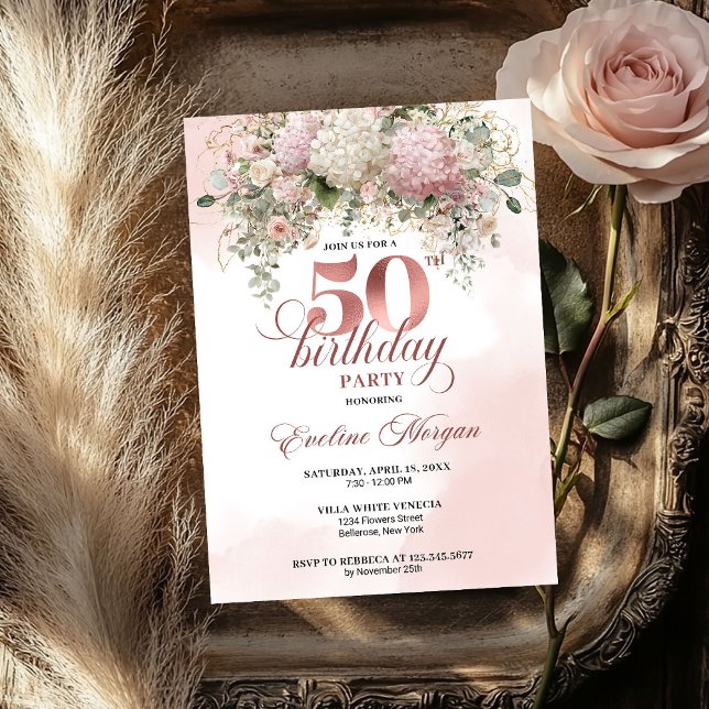 Invitación Rose Gold Blush Garden Floral 50th Birthday Invite (Rose Gold Blush Garden Floral 50th Birthday Invitation)
