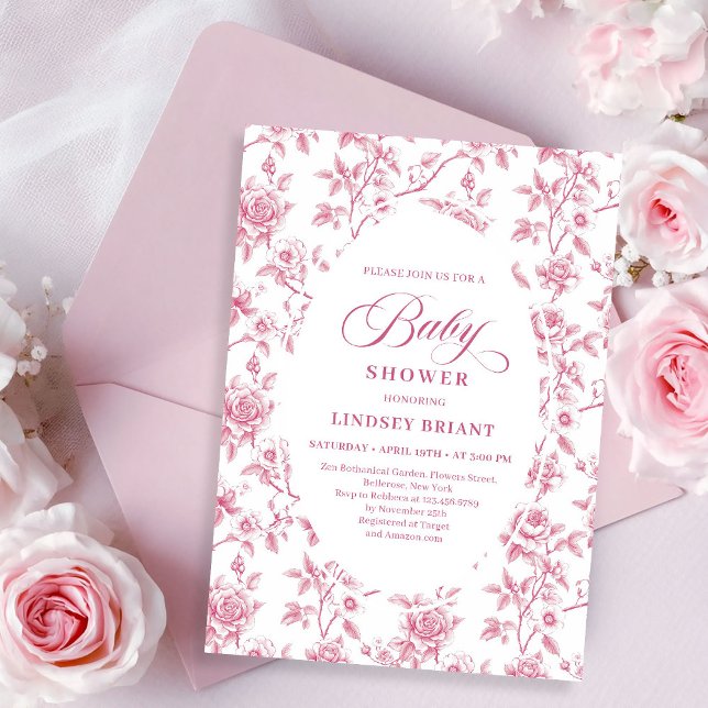 Invitación Rose Gold Blush Toile Roses Floral Baby Shower   (Rose Gold Blush Toile Roses Floral Baby Shower Invite)