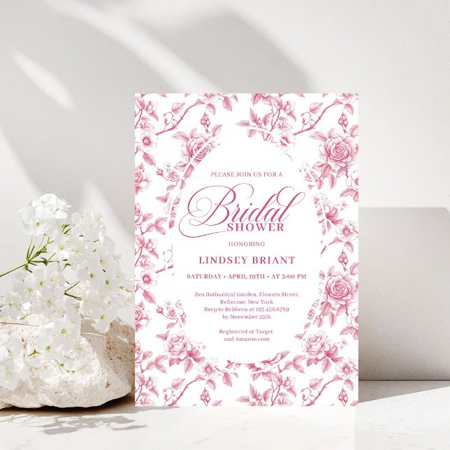 Invitación Rose Gold Blush Toile Roses Floral Bridal Shower   (Rose Gold Blush Toile Roses Floral Bridal Shower Invite)