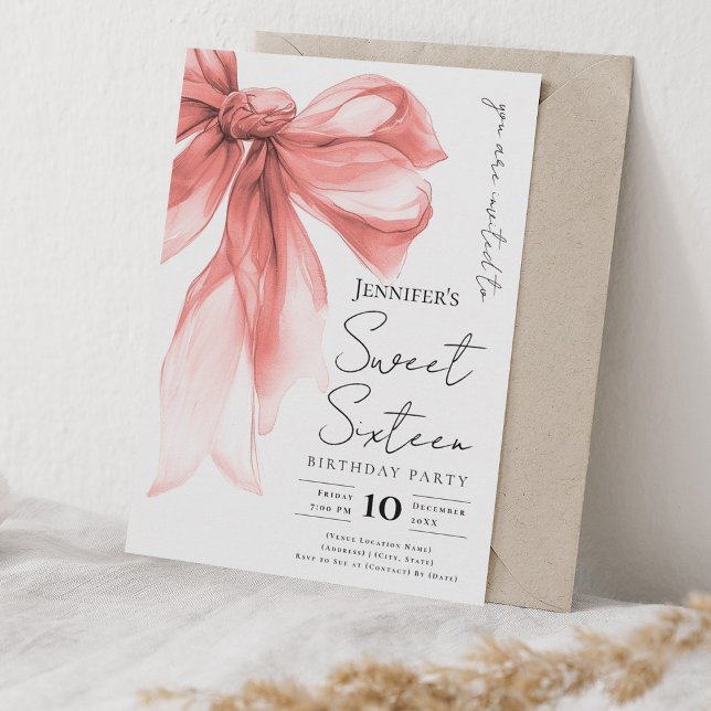 Invitación Rose Gold Bow Coquette Script Sweet 16 Party  (Rose Gold Bow Coquette Script Sweet 16 Party Invitation)