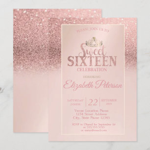 Invitación Rose Gold Brillo Bokeh Ombre, Tiara Dulces 16 Fies